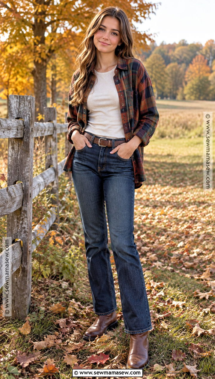 Fall Senior Photo Plaid Shirt And Dark Wash Jeans - 15 fall senior photo outfit ideas