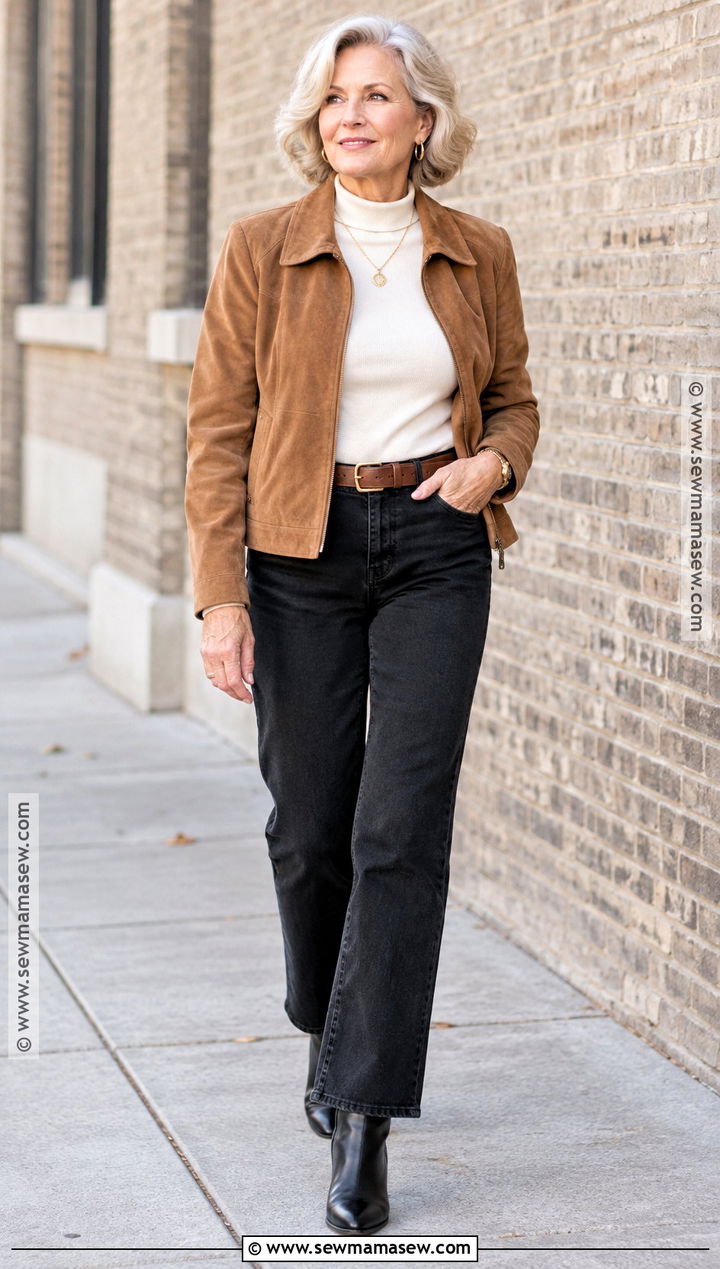 Fall Senior Photo Suede Jacket And Black Jeans - 15 fall senior photo outfit ideas