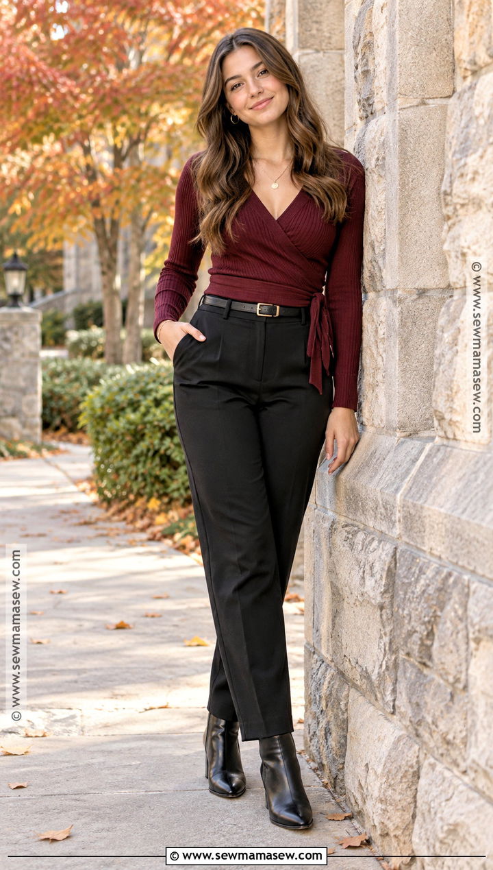Fall Senior Picture Burgundy Top And Black Pants Outfit - 15 fall senior pic outfit ideas