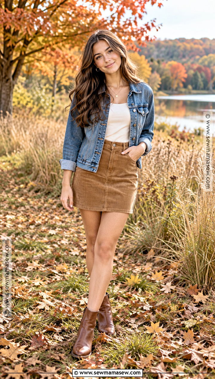 Fall Senior Picture Denim Jacket And Corduroy Skirt Outfit - 15 fall senior pic outfit ideas