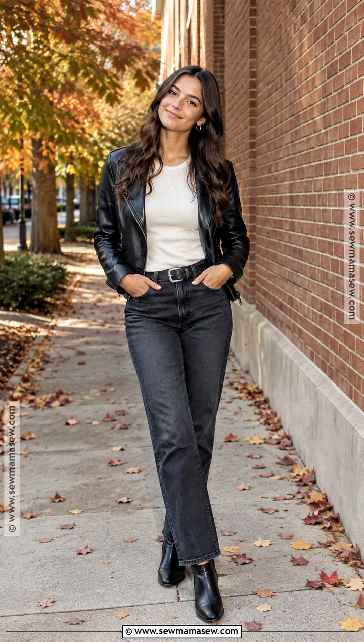 Fall Senior Picture Leather Jacket And Dark Denim Outfit - 15 fall senior pic outfit ideas