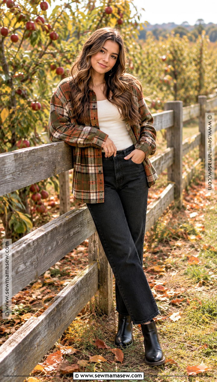 Fall Senior Picture Plaid Overshirt And Black Jeans Outfit - 15 fall senior pic outfit ideas