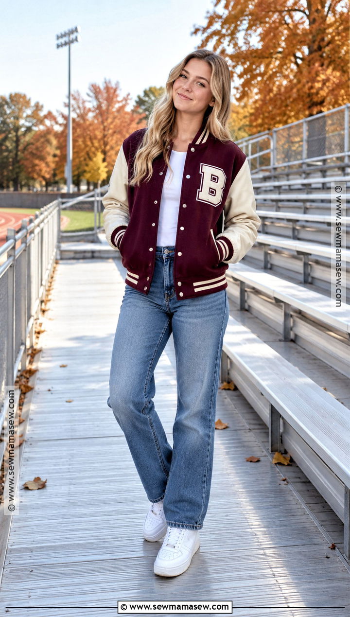 Fall Senior Picture Varsity Jacket And Sneakers Outfit - 15 fall senior pic outfit ideas
