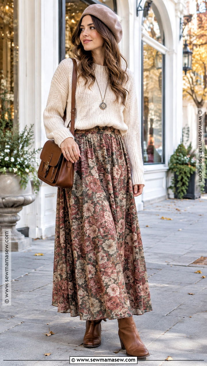 Fall Shabby Chic Cream Sweater With Floral Maxi Skirt - 15 fall shabby chic outfits