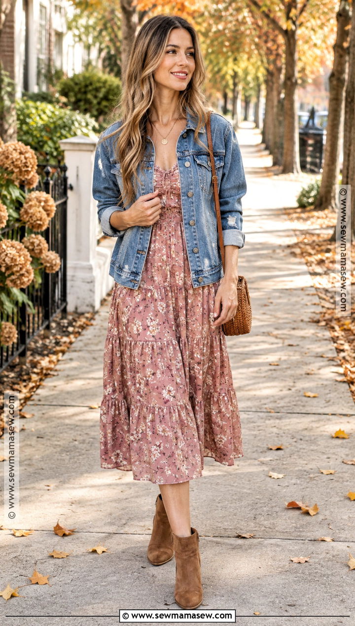 Fall Shabby Chic Floral Dress With Denim Jacket - 15 fall shabby chic outfits