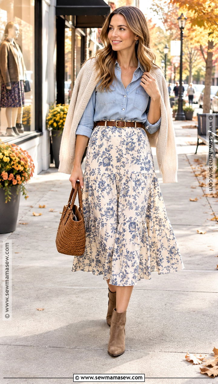 Fall Shabby Chic Floral Skirt With Denim Shirt - 15 fall shabby chic outfits