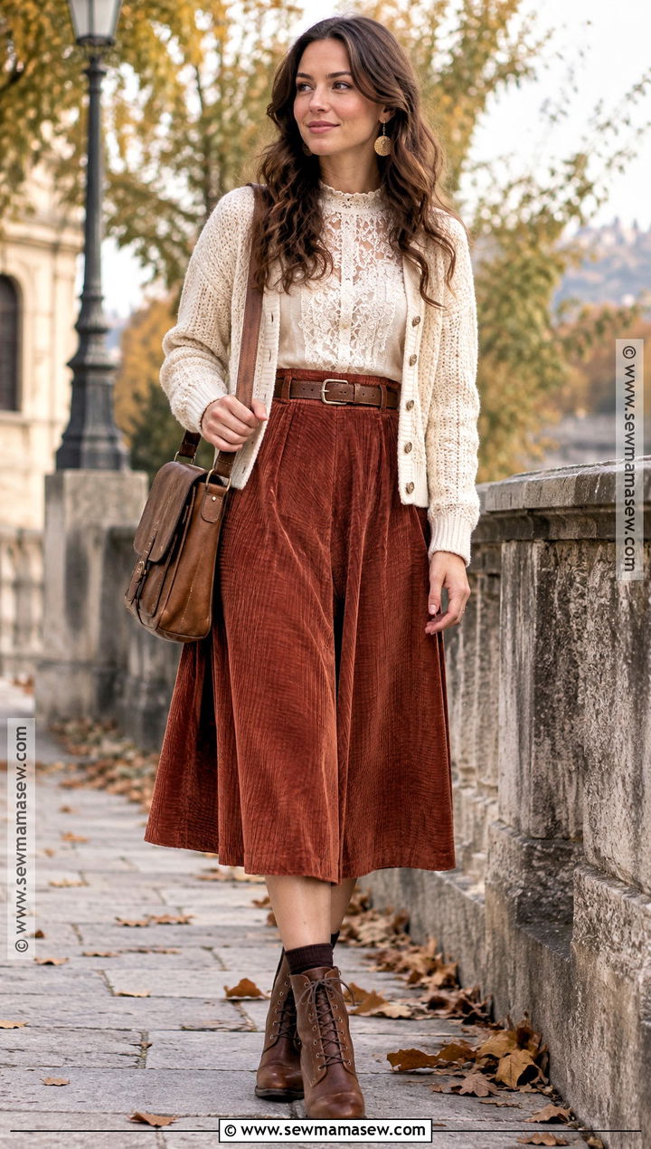 Fall Shabby Chic Lace Blouse With Corduroy Skirt - 15 fall shabby chic outfits