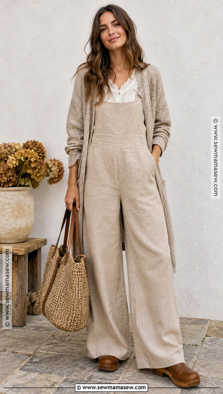 Fall Shabby Chic Linen Jumpsuit With Long Cardigan - 15 fall shabby chic outfits