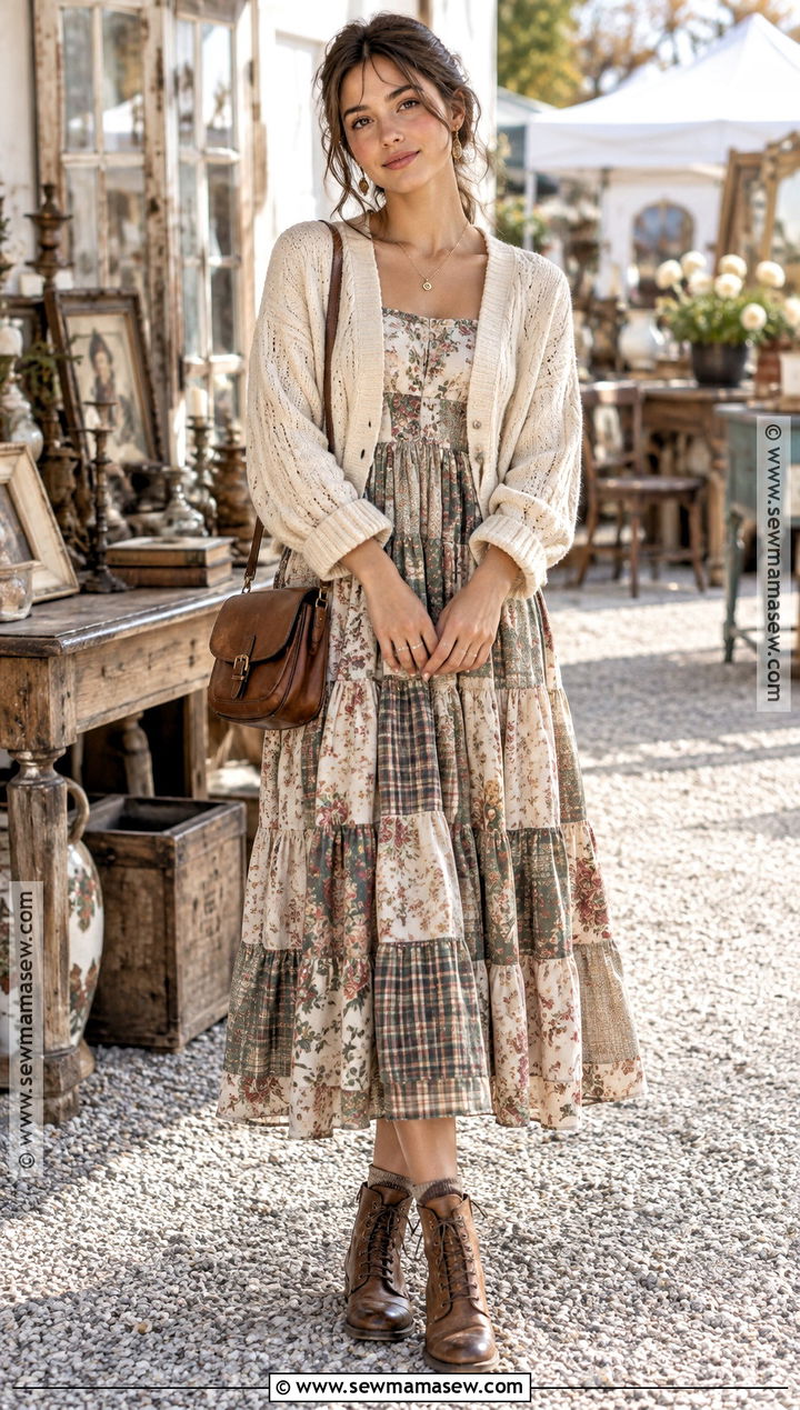 Fall Shabby Chic Patchwork Dress With Cropped Cardigan - 15 fall shabby chic outfits