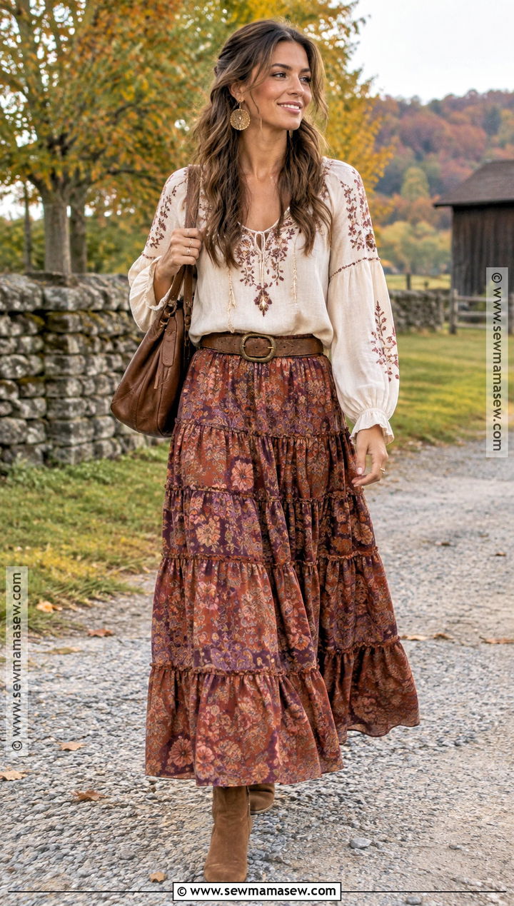 Fall Shabby Chic Peasant Blouse With Tiered Skirt - 15 fall shabby chic outfits