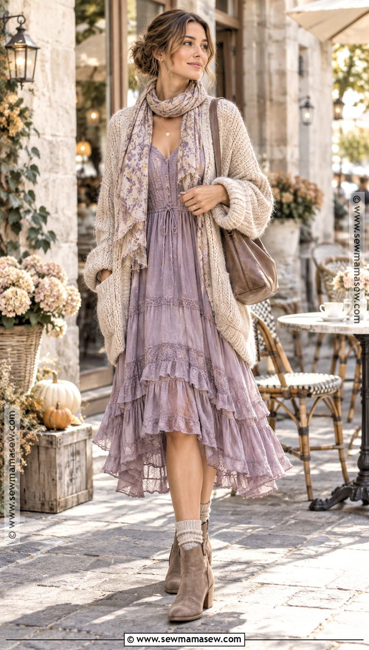 Fall Shabby Chic Ruffle Dress With Oversized Cardigan - 15 fall shabby chic outfits