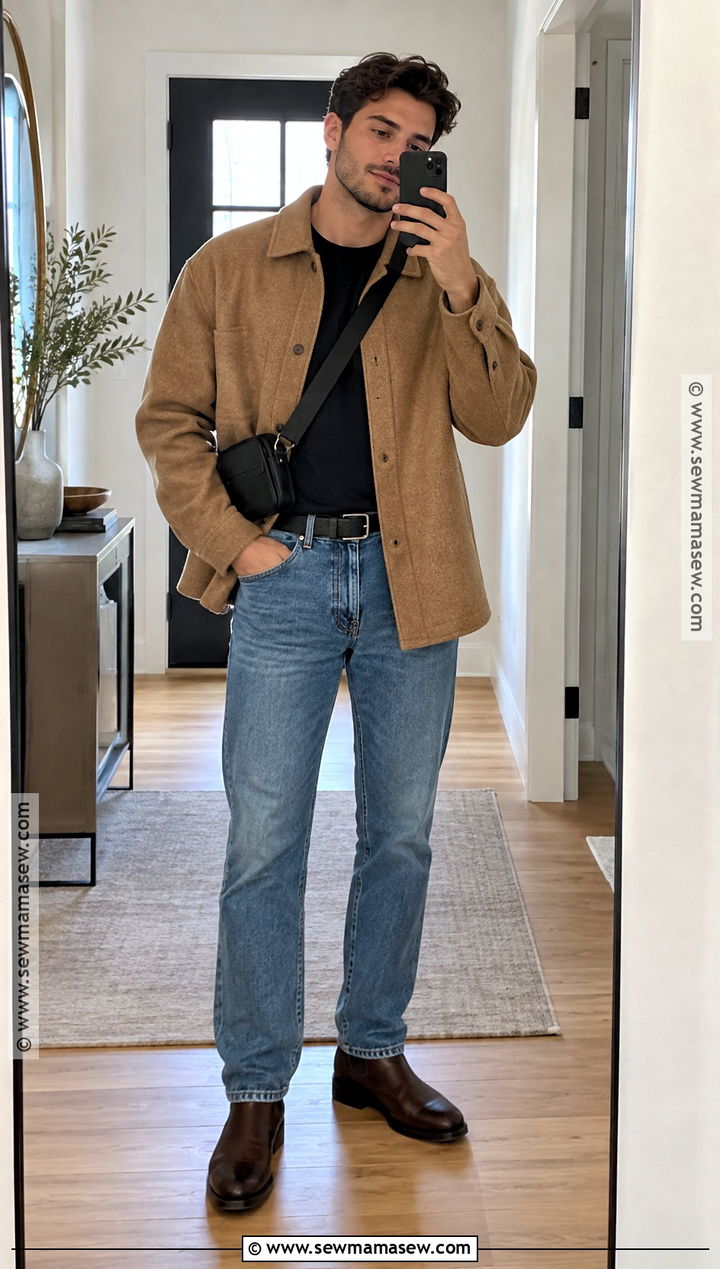Fall Shacket With Black T Shirt And Jeans - 20 fall mens outfits casual