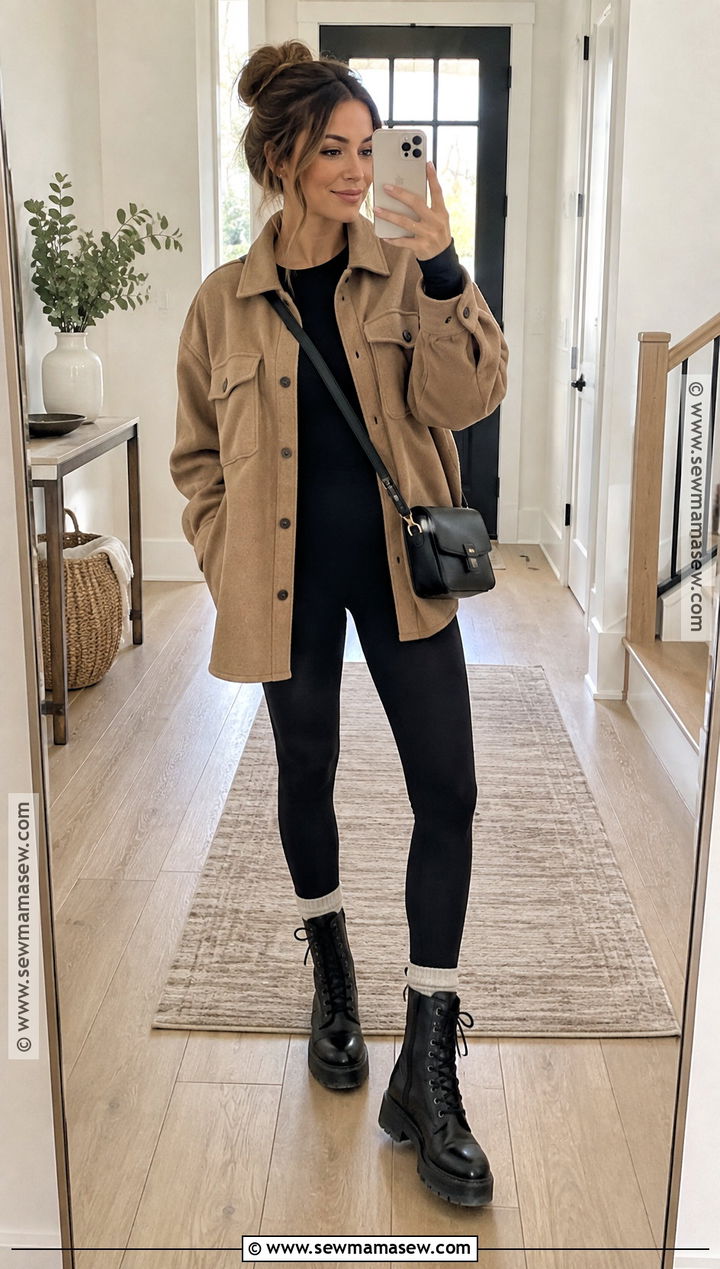 Fall Shacket With Leggings And Combat Boots - 30 cute fall outfits