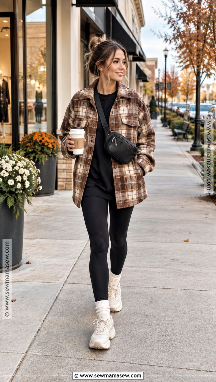 Fall Shacket With Leggings And Sneakers - 15 Simple But Cute Fall Outfits