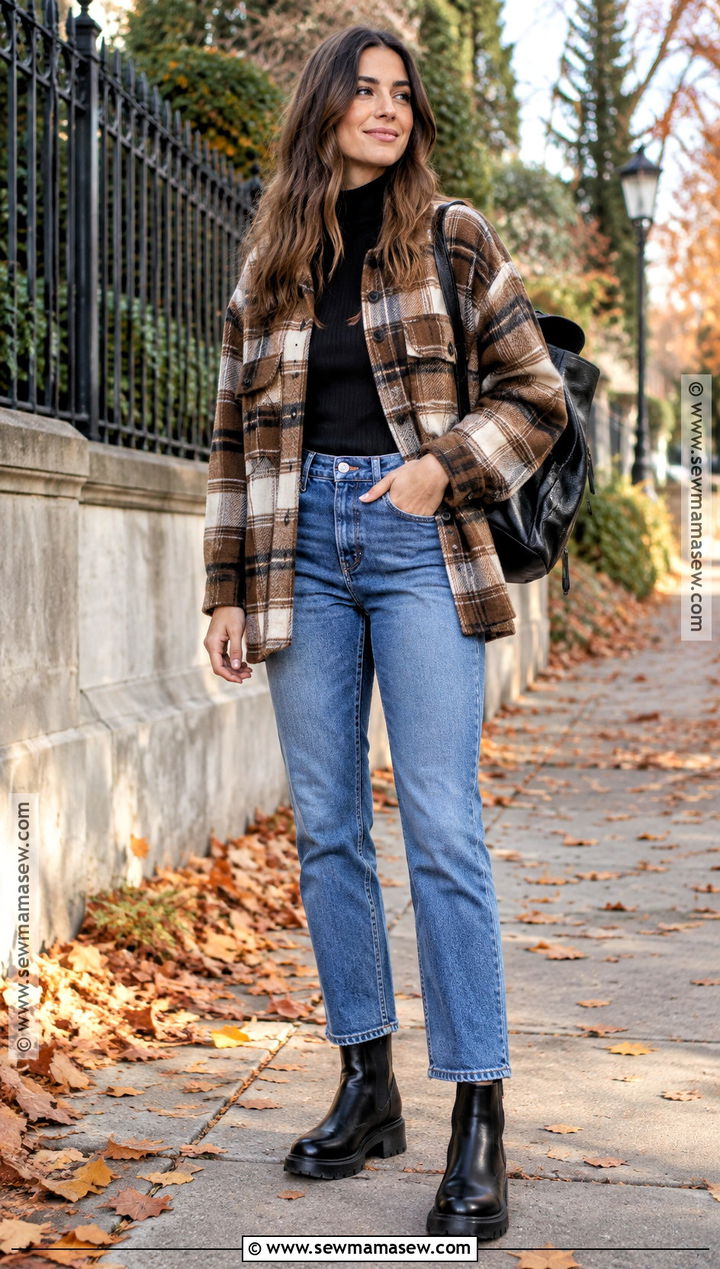 Fall Shacket and Straight Leg Jeans Outfit - 20 Fall Outdoor Outfits for Women