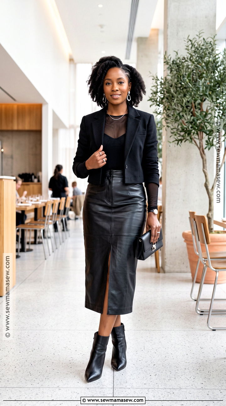 Fall Sheer Top With Leather Midi Skirt - 15 Fall Going Out Outfit Ideas for Black Women
