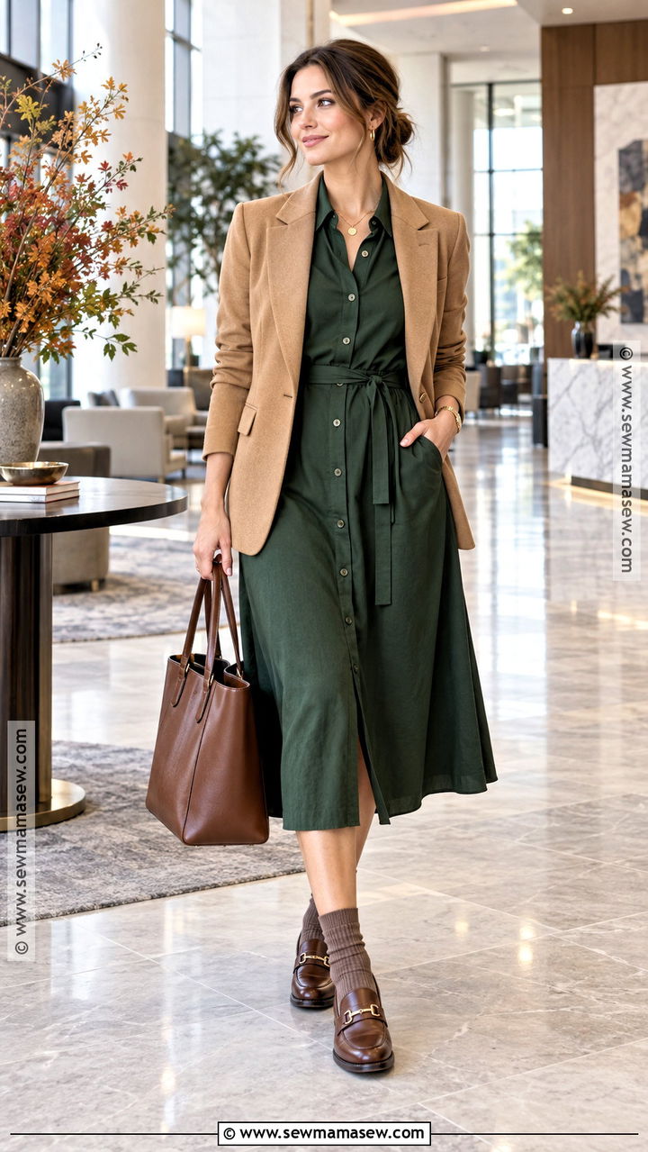 Fall Shirt Dress With Blazer And Loafers - 20 dress outfits fall