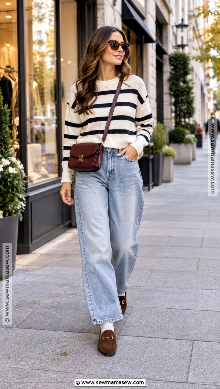 Fall Shopping Outfit With Striped Sweater And Baggy Jeans - 25 fall shopping outfit ideas