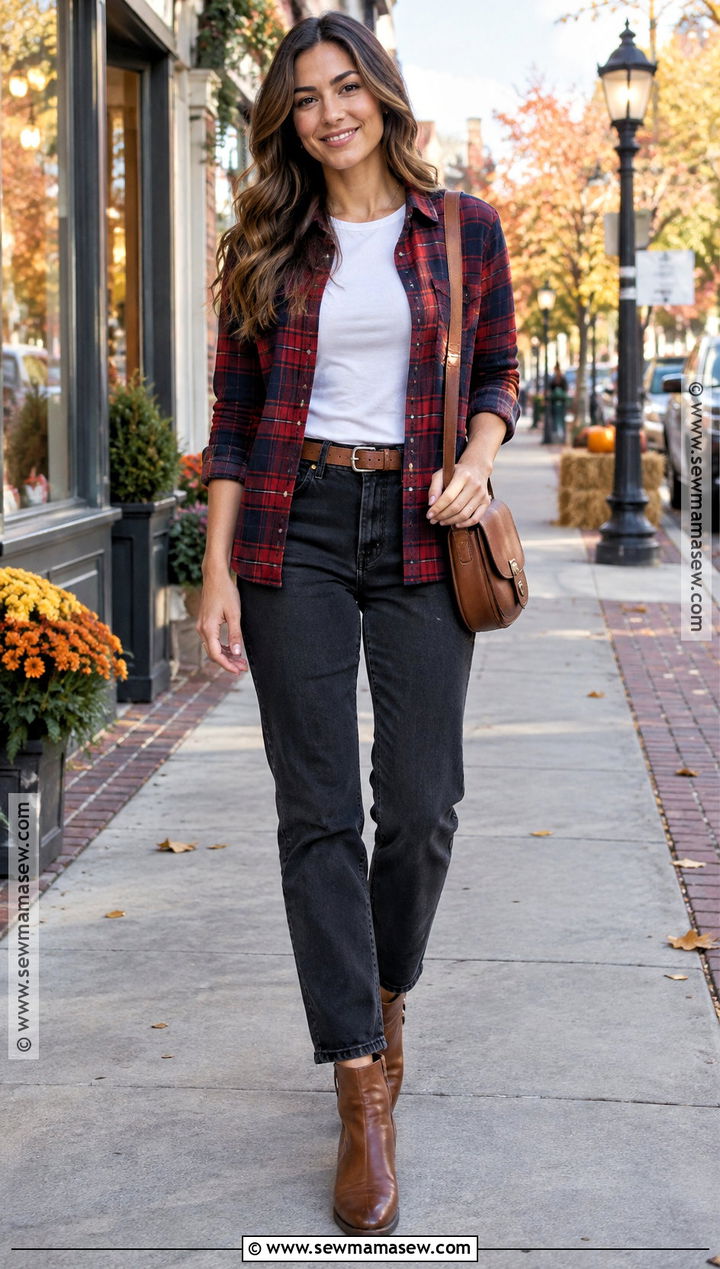 Fall Small Town Outfit With Flannel Shirt And Black Jeans - 20 fall vacation outfits casual