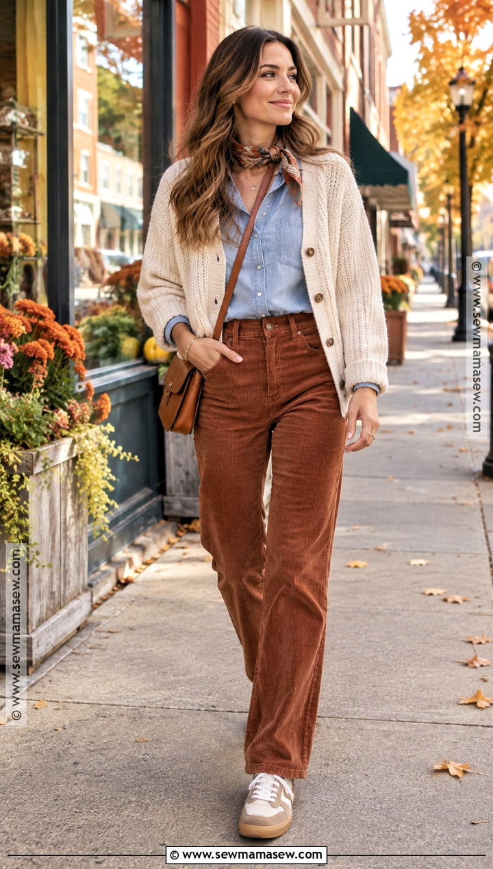 Fall Small Town Travel Outfit With Corduroy Pants and a Cardigan - 20 travel outfits fall