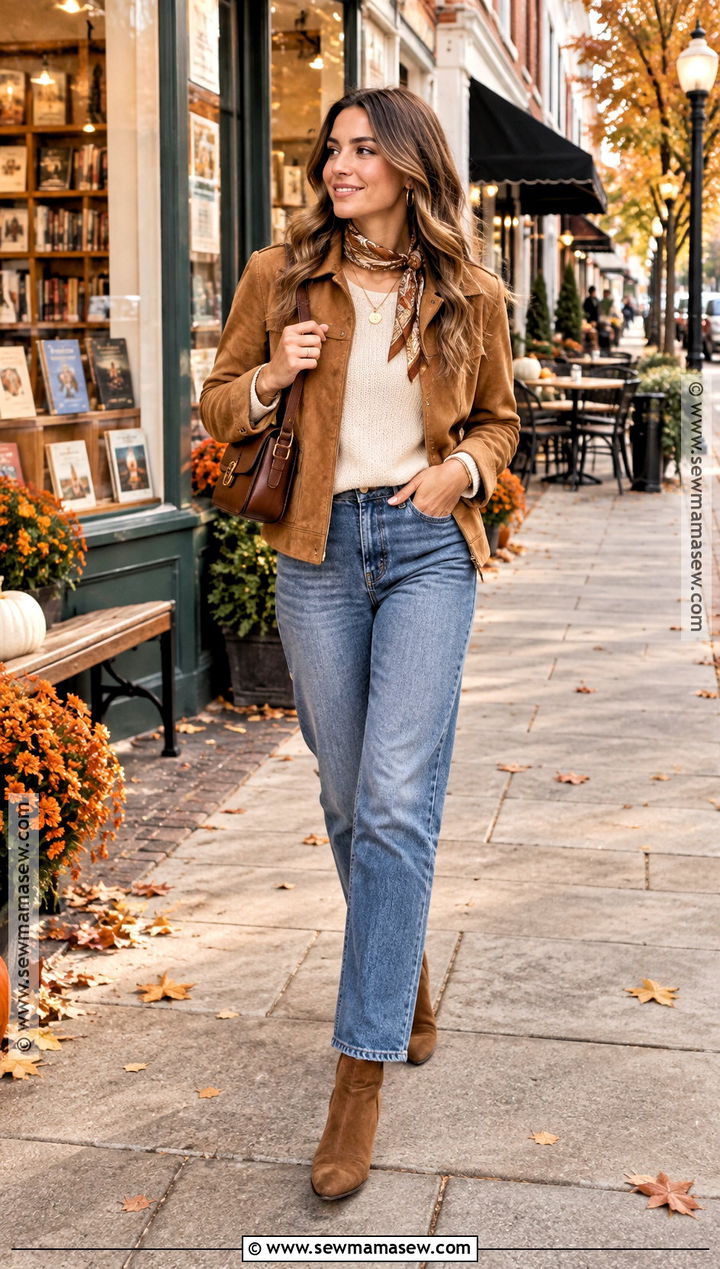 Fall Small Town Trip Outfit With Suede Jacket And Jeans - 20 Fall Trip Outfits