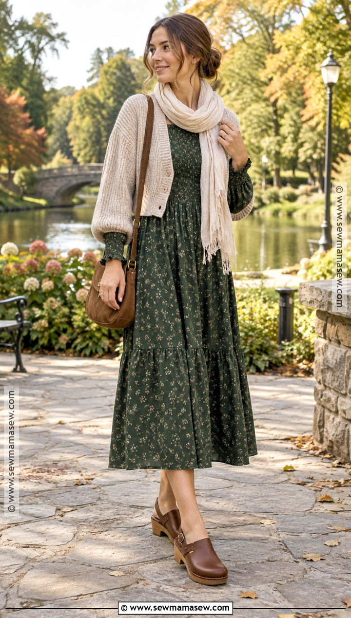 Fall Smocked Midi Dress With Cardigan And Clogs - 15 Everyday Dresses Fall