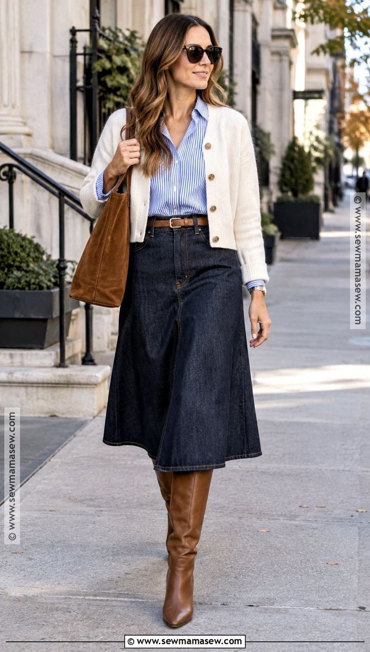 Fall Striped Shirt And Midi Skirt Outfit - 15 Fall Wardrobe Update Ideas