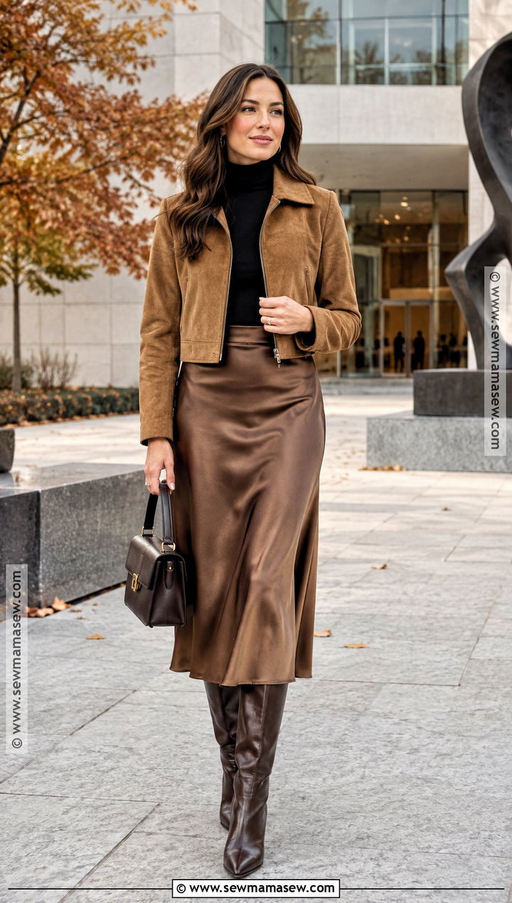 Fall Suede Jacket Outfit With A Midi Skirt - 15 Fall Clothing Inspiration Ideas