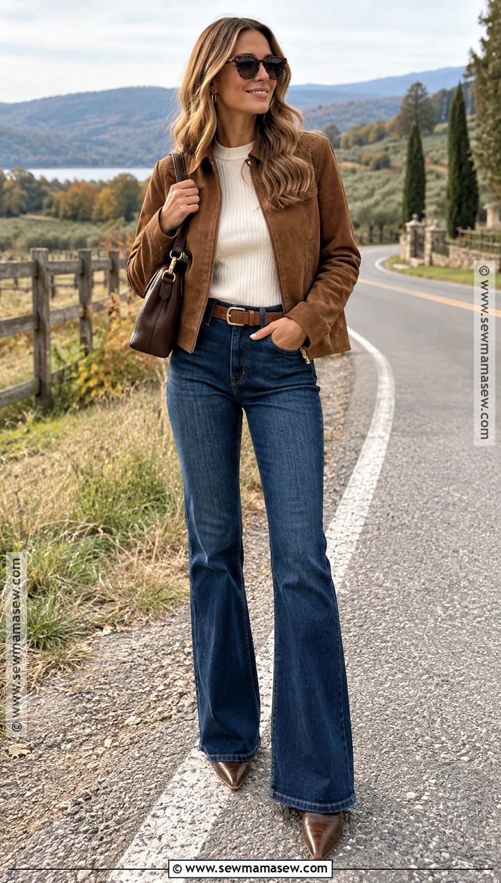 Fall Suede Jacket and Bootcut Jeans Outfit - 20 Fall Outdoor Outfits for Women