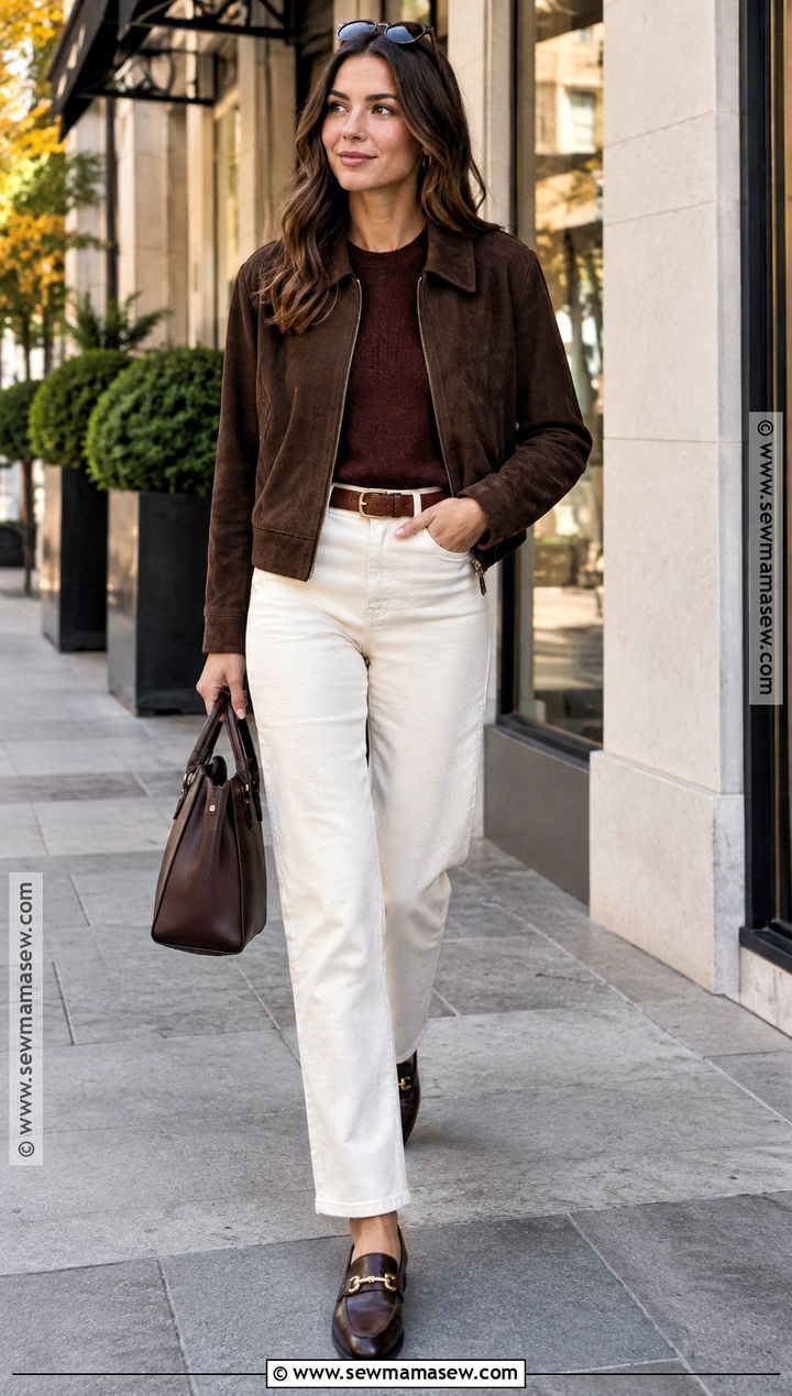 Fall Suede Jacket and White Jeans Outfit - 30 fall fits