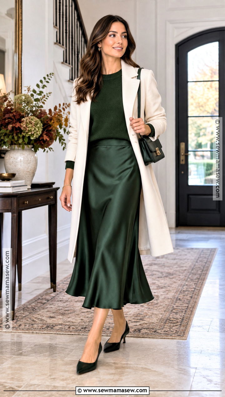 Fall Sweater And Satin Skirt Set With Heels - 20 Fall Sets Outfit