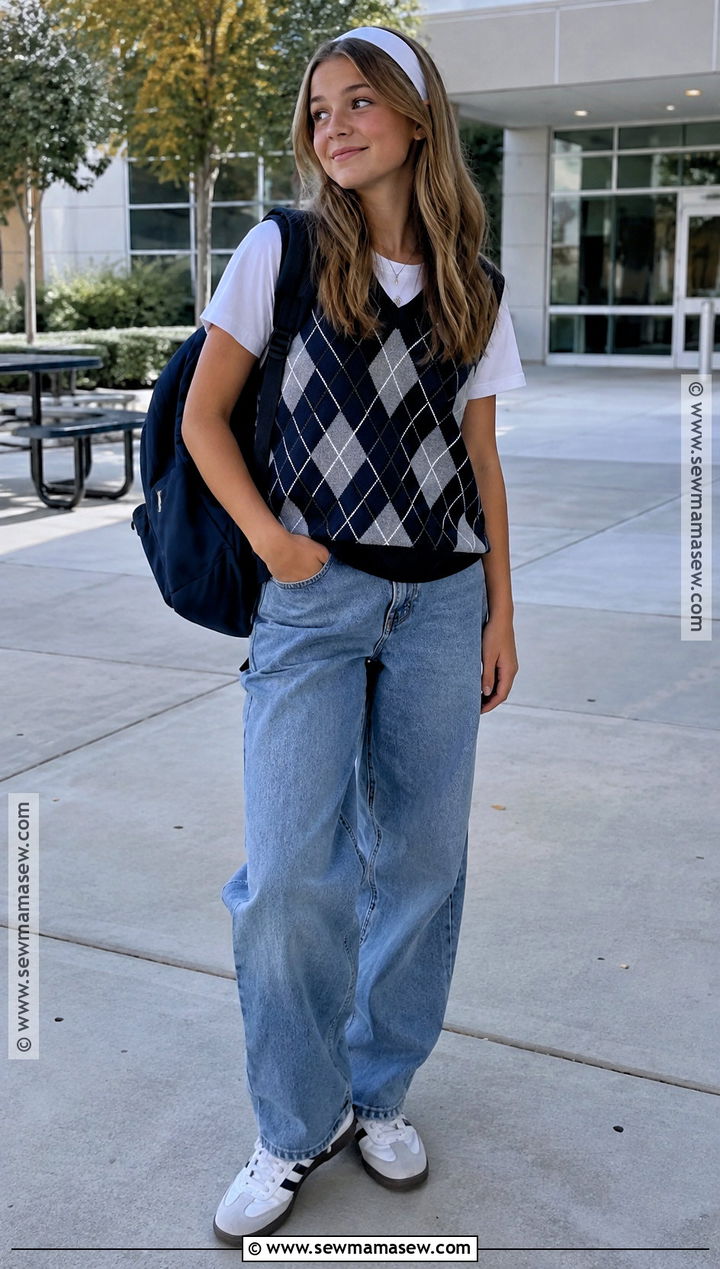 Fall Sweater Vest And Baggy Jeans Outfit - 15 pre teen girl outfits fall