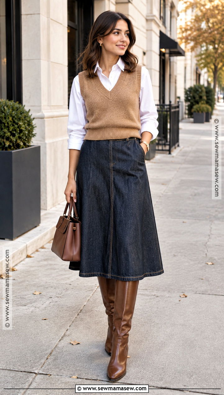 Fall Sweater Vest And Midi Skirt Outfit - 25 Fall Fit Inspo Ideas