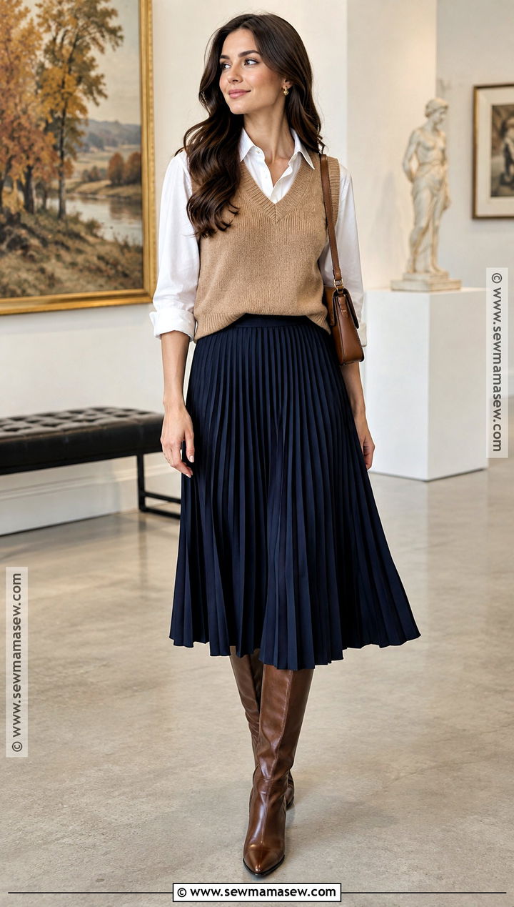 Fall Sweater Vest And Pleated Skirt Outfit - 20 Chic Fall Style Ideas