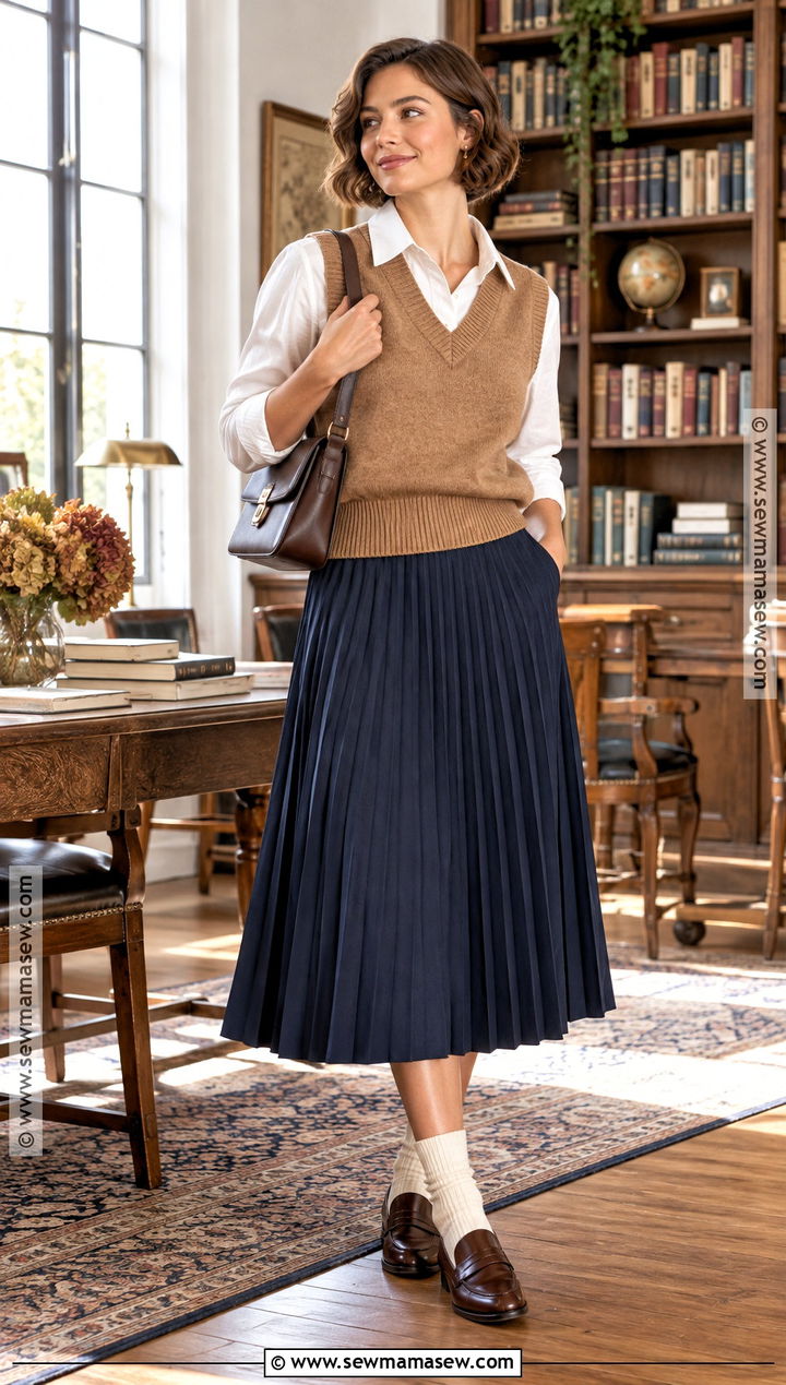 Fall Sweater Vest Outfit With A Pleated Midi Skirt - 20 fall outfits short hair