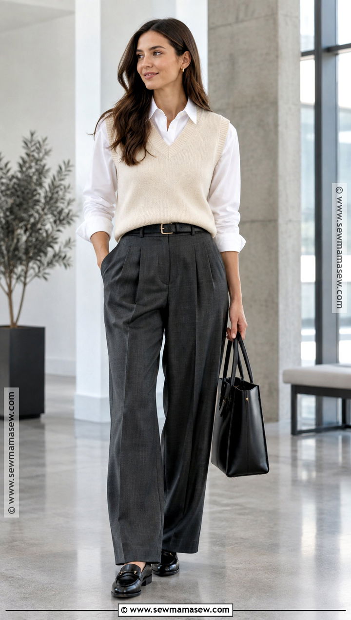Fall Sweater Vest Outfit With Pleated Trousers - 30 fall fashion outfits