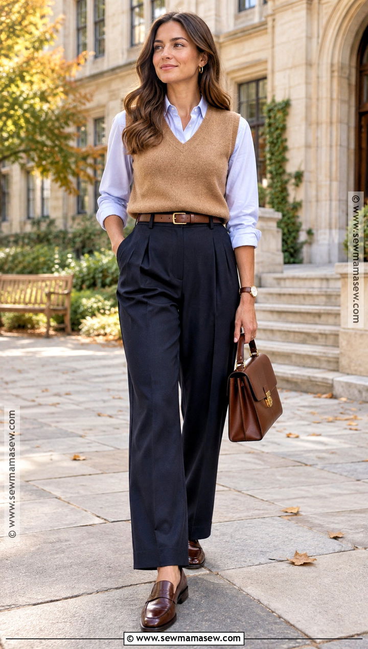 Fall Sweater Vest and Pleated Pants Outfit - 20 fall lookbook ideas