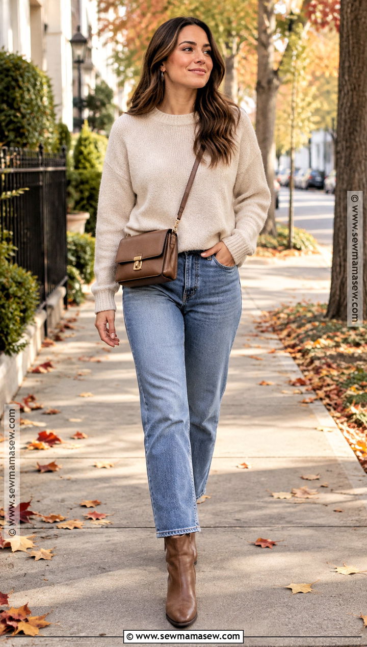 Fall Sweater With Straight Leg Jeans And Ankle Boots - 15 Simple But Cute Fall Outfits
