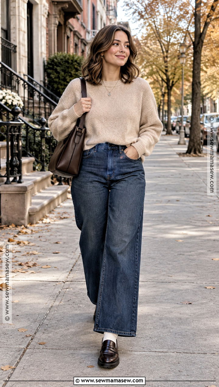 Fall Sweater With Wide Leg Jeans And Loafers - 15 fall fashion style ideas
