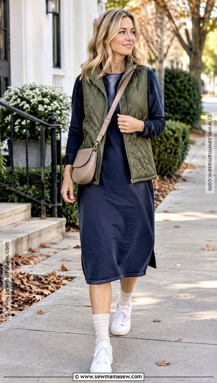 Fall Sweatshirt Dress With Quilted Vest - 15 Everyday Dresses Fall
