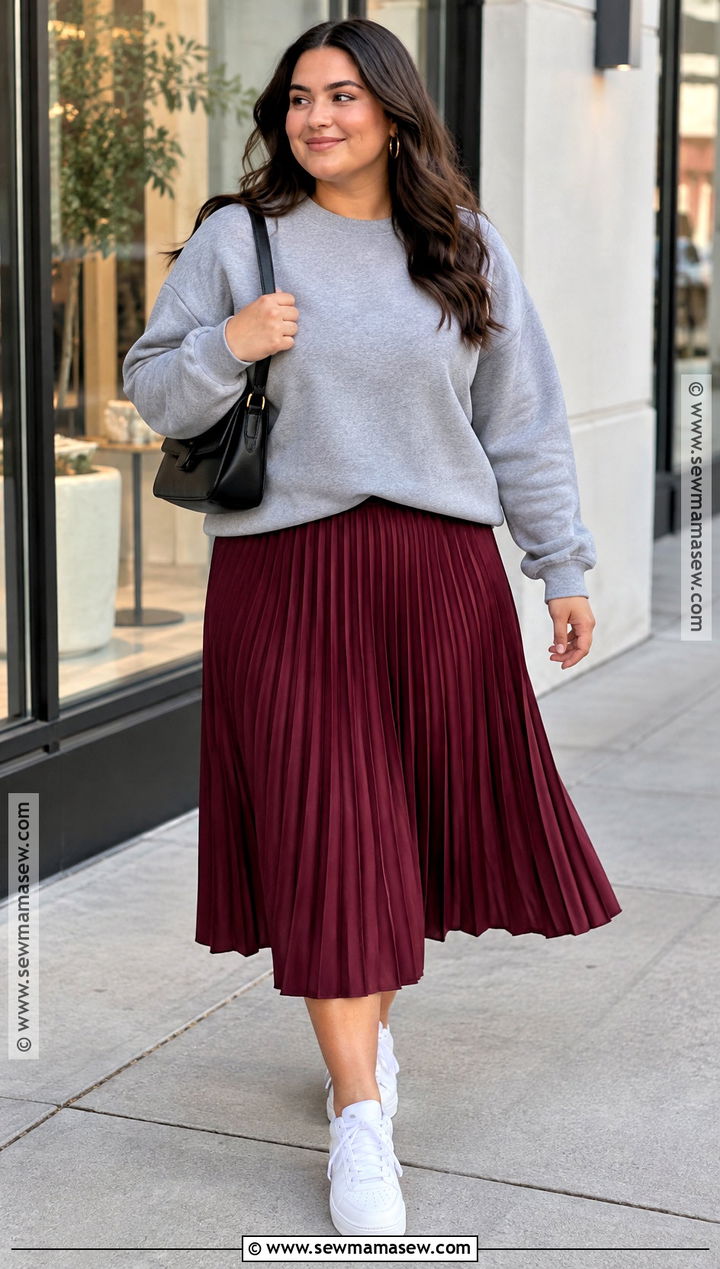 Fall Sweatshirt and Pleated Skirt Outfit - 15 Budget-Friendly Fall Fashion Ideas