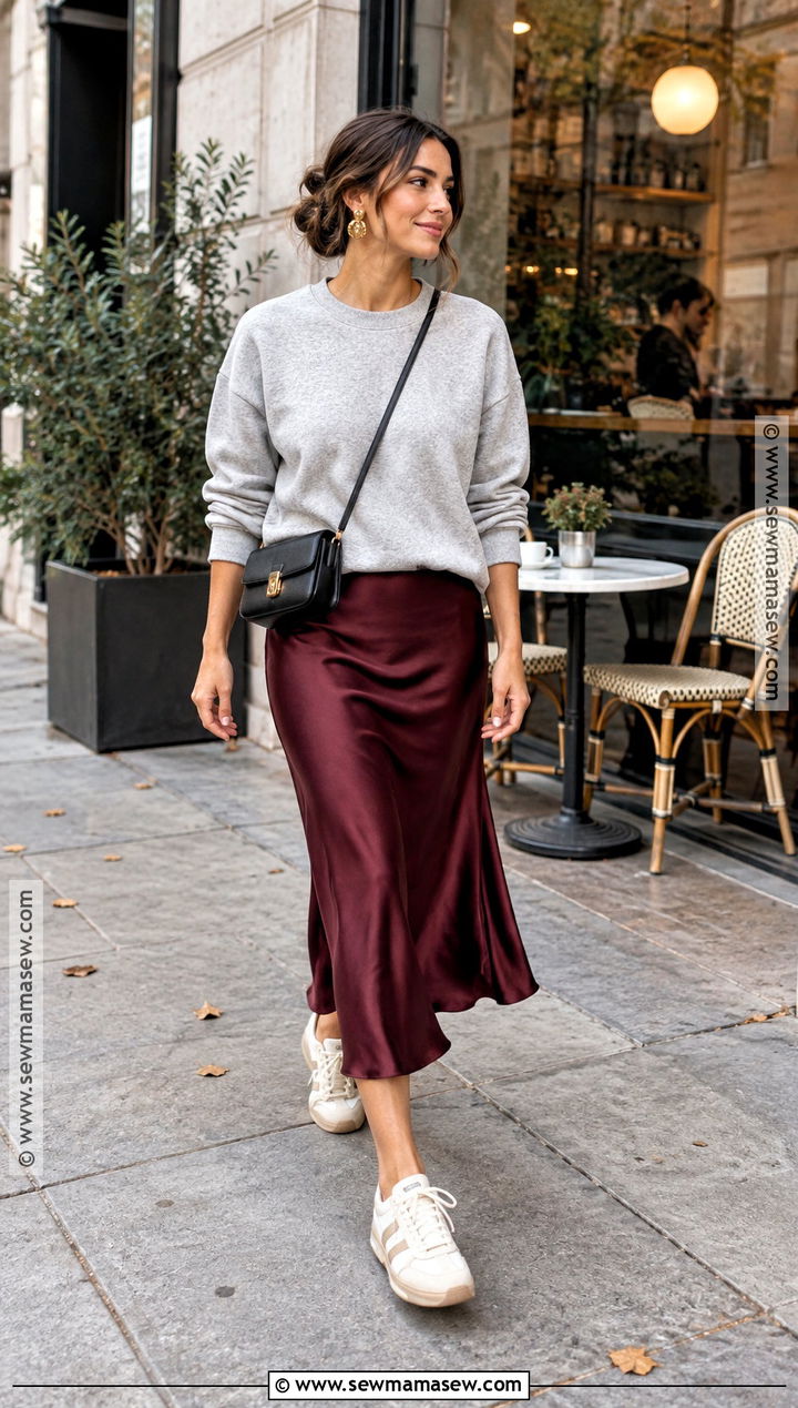 Fall Sweatshirt and Satin Skirt Outfit - 30 fall outfit ideas