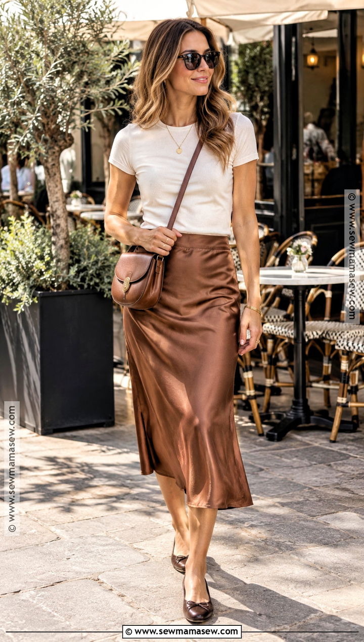 Fall T Shirt And Satin Midi Skirt Outfit - 20 cute fall outfits for warm weather