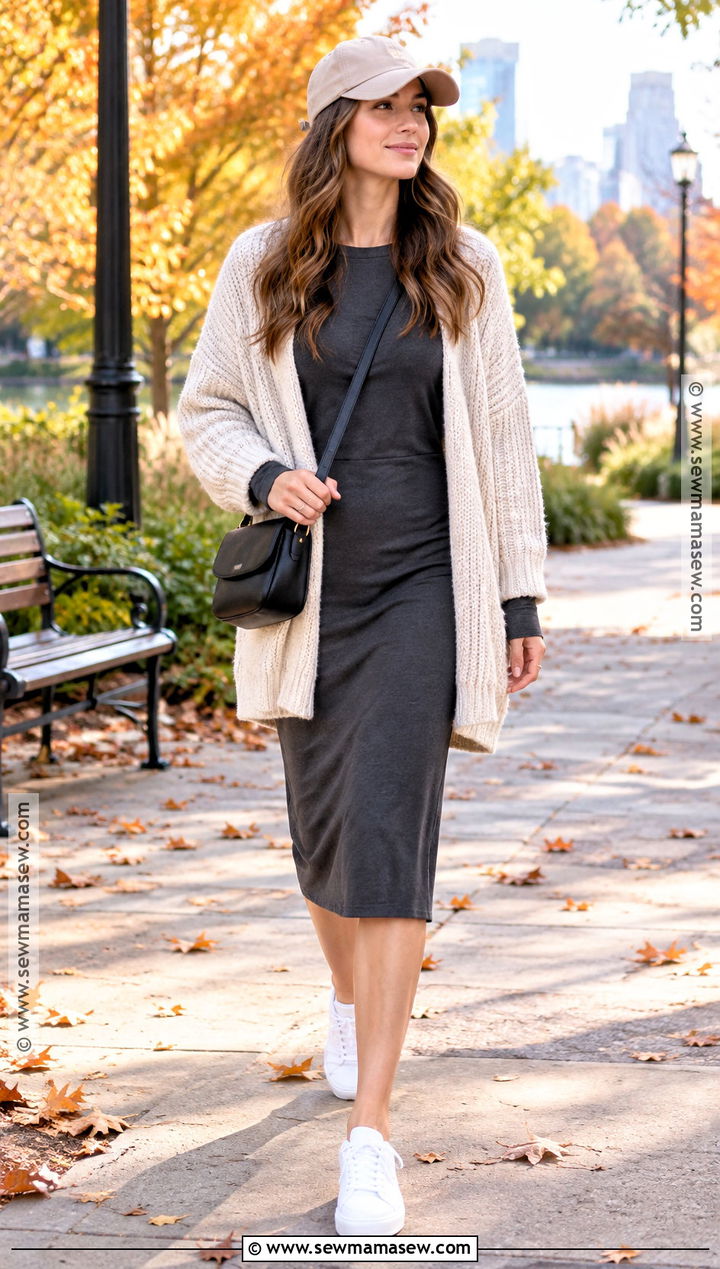 Fall T Shirt Dress With Cardigan And Sneakers - 15 Everyday Dresses Fall