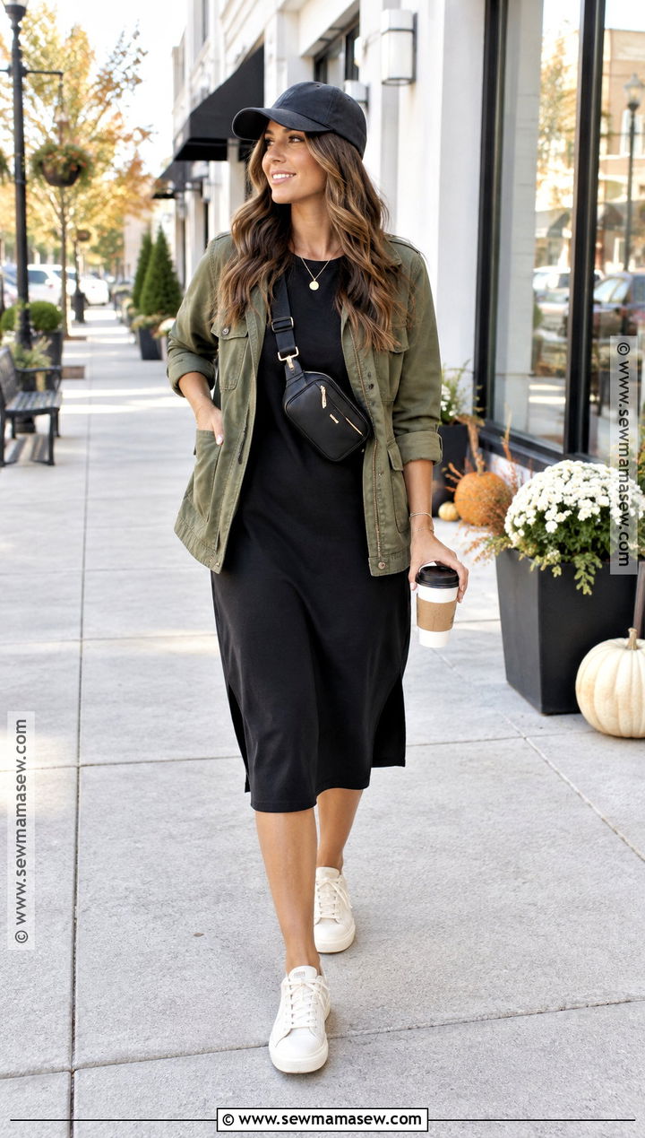 Fall T Shirt Dress With Utility Jacket - 15 Casual Dress For Fall Ideas