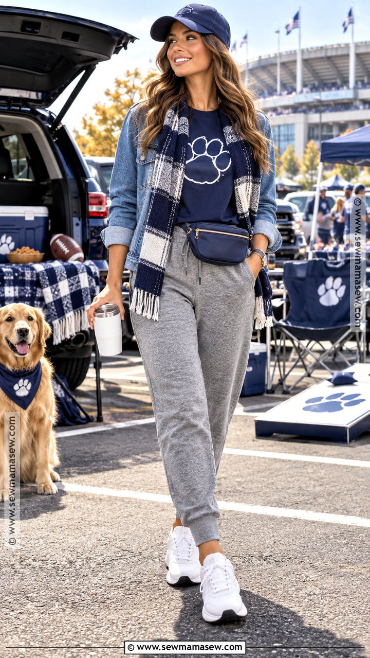 Fall Tailgate Outfit With Denim Jacket And Joggers - 20 Outdoor Fall Outfits for Women
