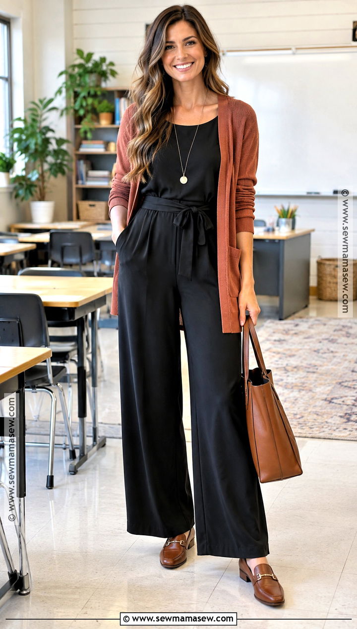Fall Teacher Outfit With Black Jumpsuit And Cardigan - 25 fall teacher outfits