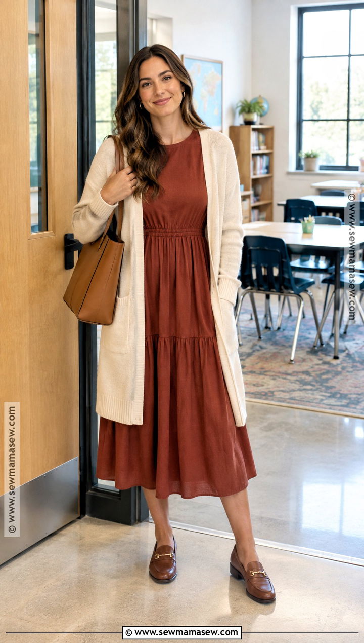 Fall Teacher Outfit With Cardigan And Midi Dress - 15 Fall School Teacher Outfits