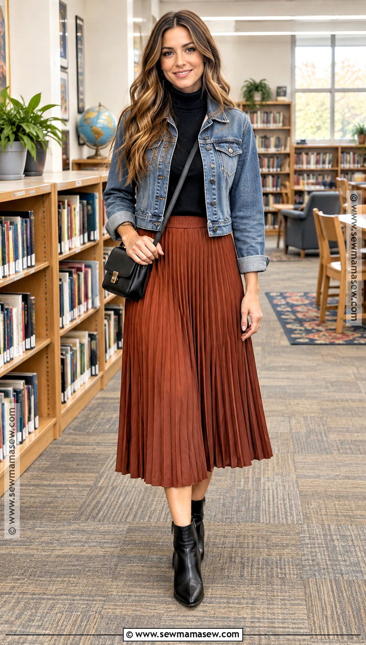 Fall Teacher Outfit With Denim Jacket And Midi Skirt - 15 Fall School Teacher Outfits