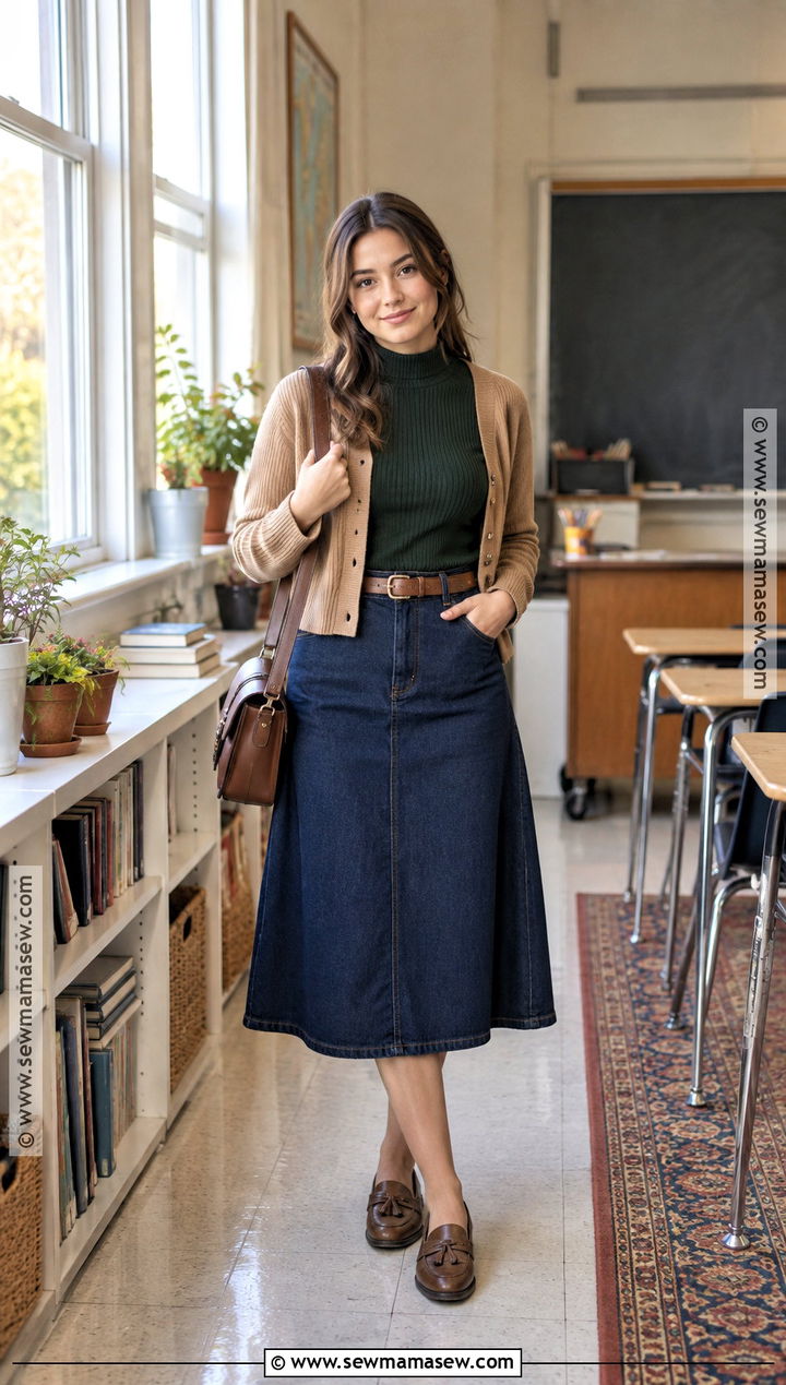 Fall Teacher Outfit With Denim Midi Skirt And Turtleneck - 25 fall teacher outfits